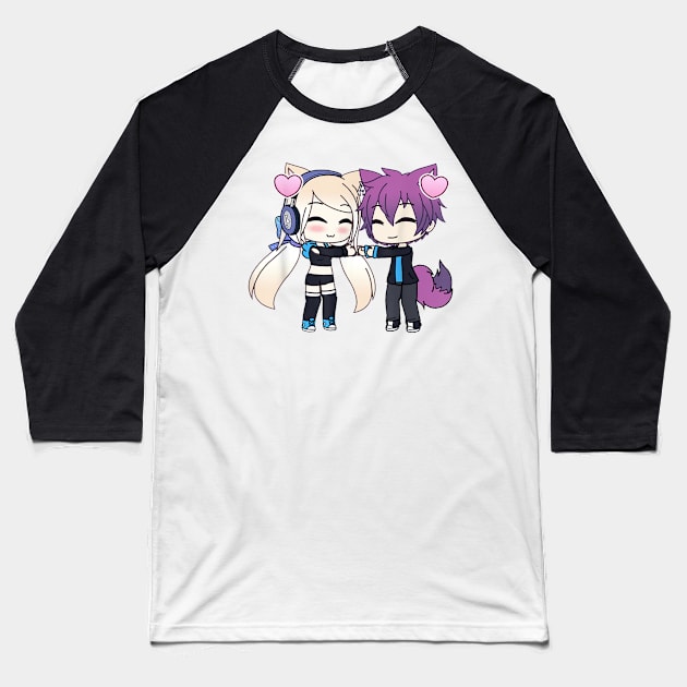 Cute Chibi style Kawaii Anime Girl and Boy Couple and Hearts Baseball T-Shirt by Planet of Tees